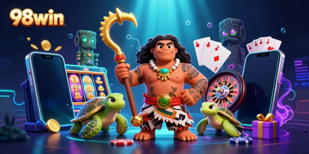 Experience fishing fun and gaming action with 98win's vibrant 3D casino scene.