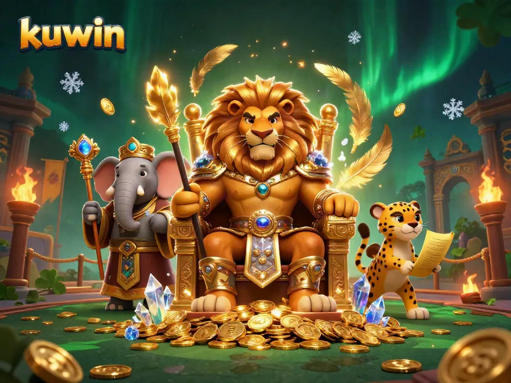 Kuwin lion king overseeing a vibrant casino scene filled with golden coins and swirling flames.