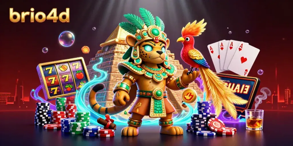 Experience thrilling slots at brio4d with a lively scene featuring colorful slot reels, a majestic jaguar priest, and vibrant game elements.