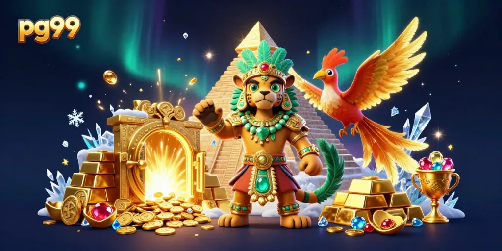 Engage with PG99 in a vibrant casino scene featuring characters and treasures in a rich, dynamic composition.