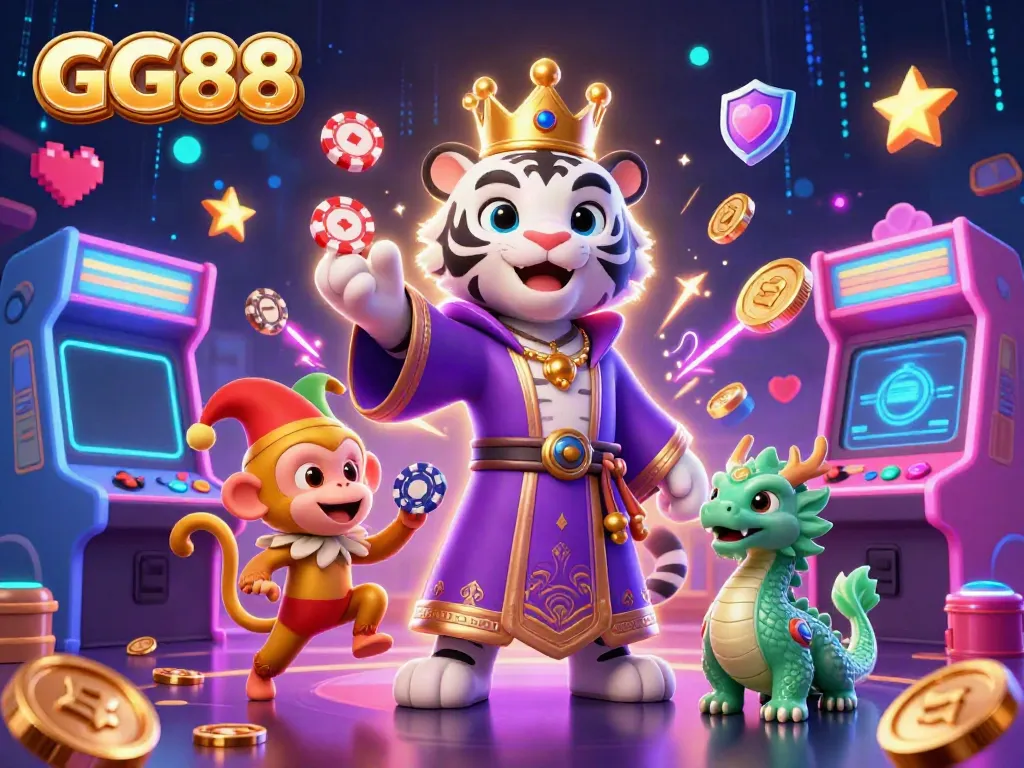 Experience gaming excitement at GG88 with the whimsical scene of a majestic tiger, monkey, and dragon among vibrant casino elements.