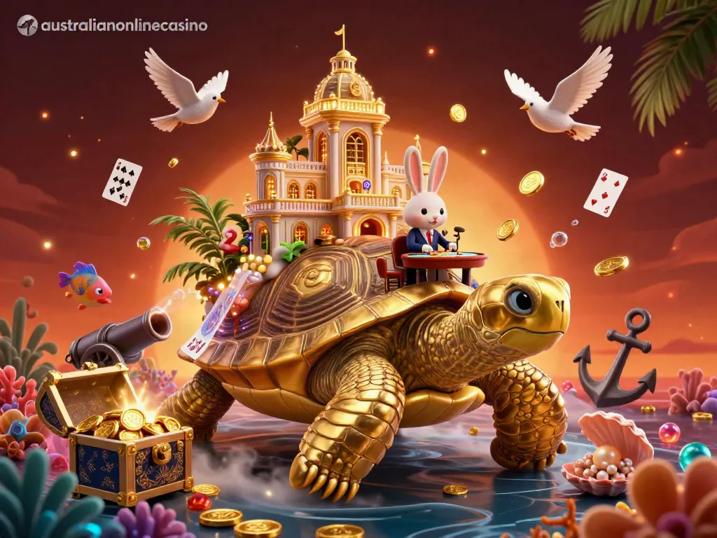Engage with the vibrant universe of australianonlinecasino, featuring a golden tortoise casino scene with a rabbit dealer and shimmering gold.