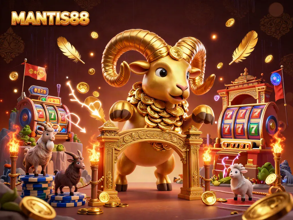 MANTIS88 brings thrilling casino gaming to life with a golden ram charging through a dynamic scene of colorful slot reels and swirling golden elements.