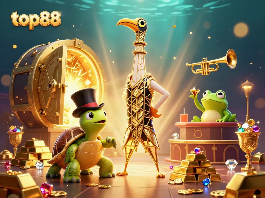 Engage with top88 casino adventure featuring lively characters and gold treasure around them.
