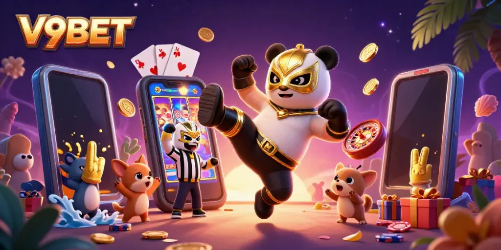Experience the excitement of V9BET with vibrant 3D characters and dynamic gambling elements.