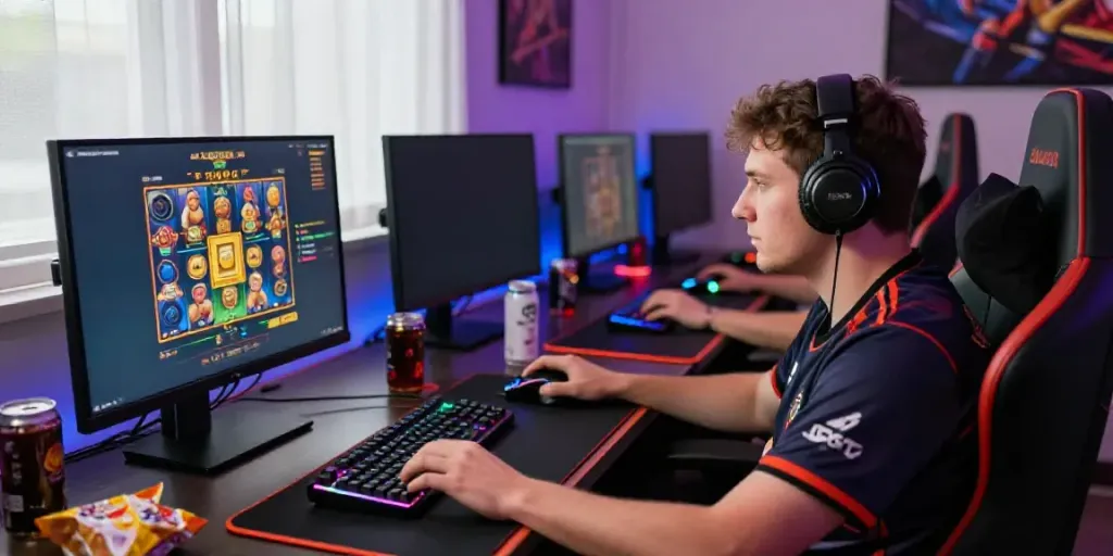 Gamer engaging with exciting pesgslot interface in a vibrant gaming setup.