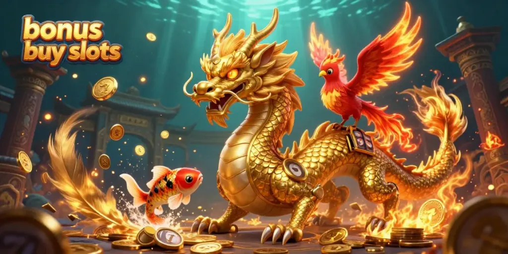Experience thrilling bonus buy slots with a dragon, phoenix, and koi fish amidst vibrant casino elements.