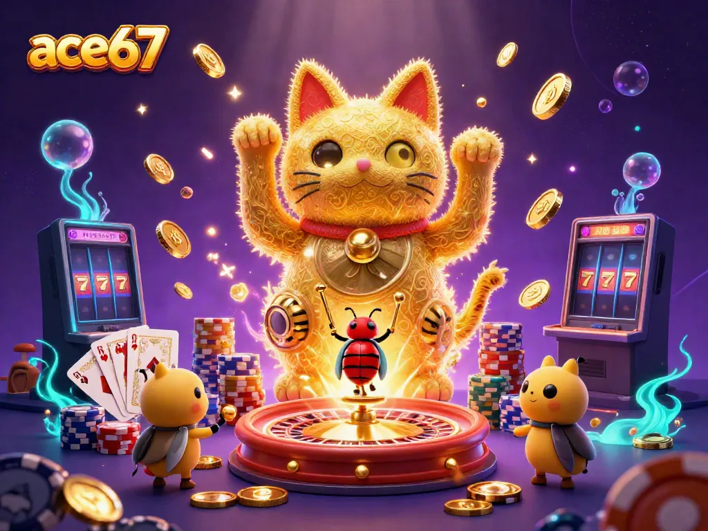 Experience the thrilling vibes of ace67 with a dynamic golden lucky cat and exciting casino elements.