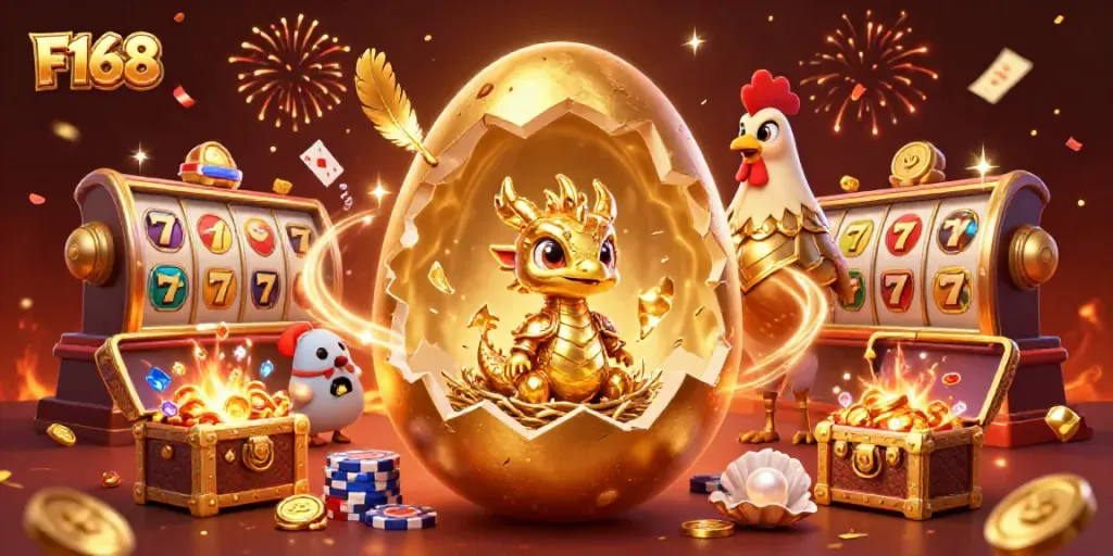 Experience the excitement of F168 with a golden dragon guarding treasures in a vibrant casino scene.