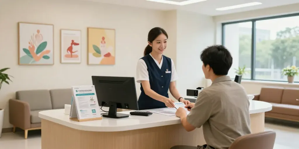 Empfangsbereich im Diagnostikzentrum Radiologie Wolfsburg mit freundlichem Personal.