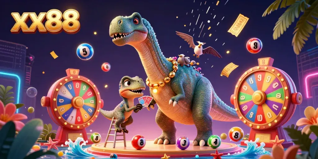 Experience the colorful world of xx88 with a towering dinosaur dealer and exciting lottery elements.