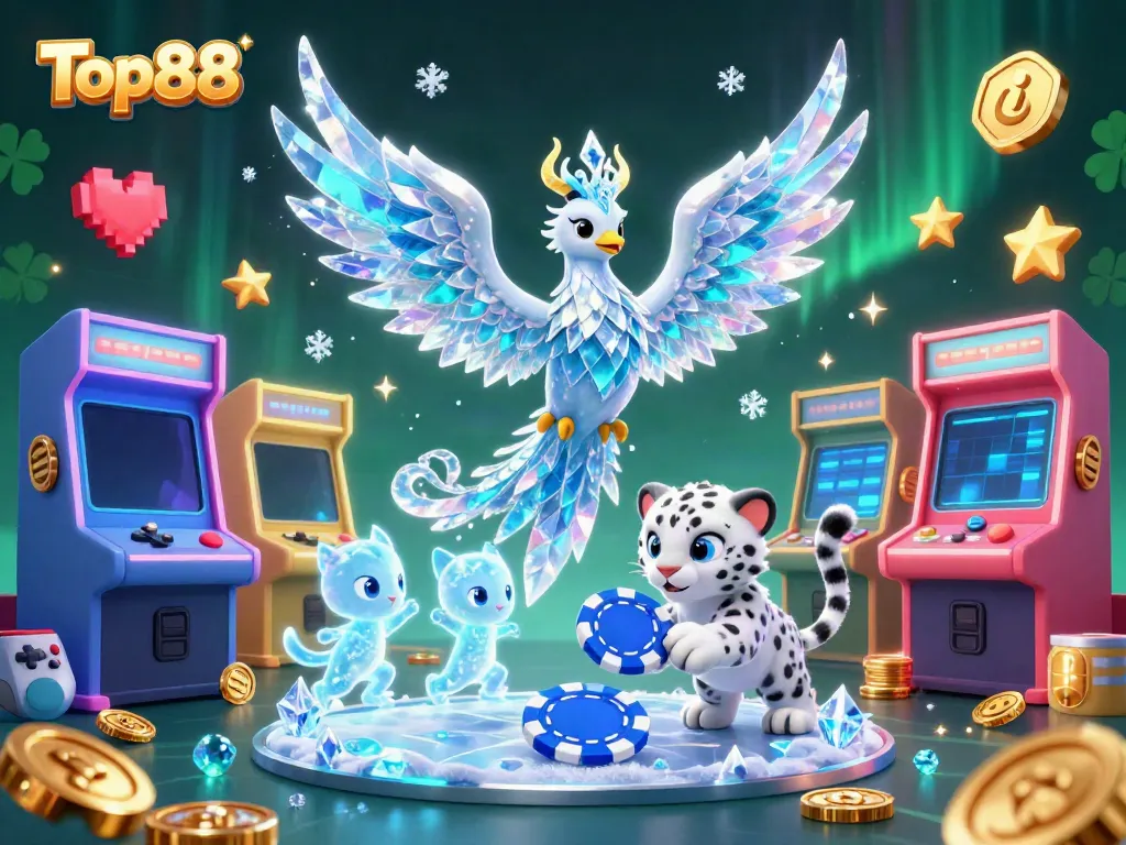 Engage with Top88's thrilling gaming environment featuring an ice phoenix, snow leopard cub, and arcade machines.