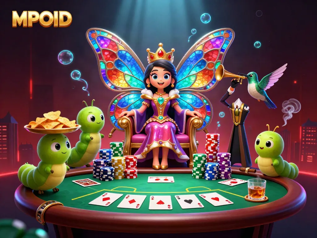 Experience MPOID's vibrant casino atmosphere with a butterfly queen and poker elements illustrated in rich detail.