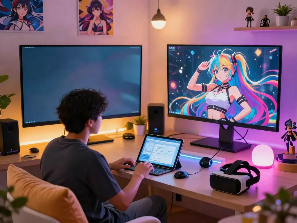 Immersive hentai AI chat experience with vibrant anime character in cozy digital lounge.