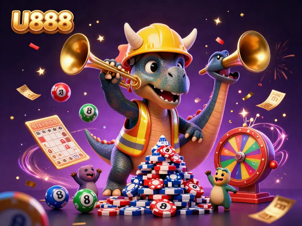 U888's thrilling 3D celebration with a triceratops building poker chip pyramids surrounded by colorful game elements.