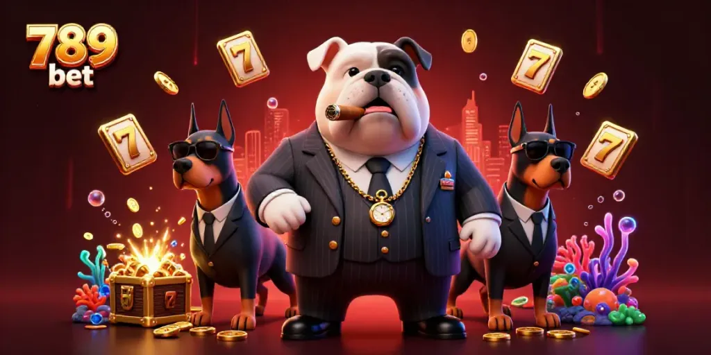Experience thrilling gameplay with 789 bet, featuring a dynamic scene of a bulldog mafia boss and Doberman bodyguards amidst casino elements.