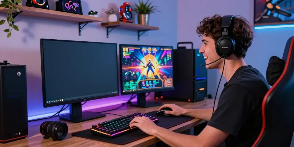Pengguna bersemangat bermain slot online di PC modern dengan aksesori gaming dan suasana menyenangkan di sekitar.