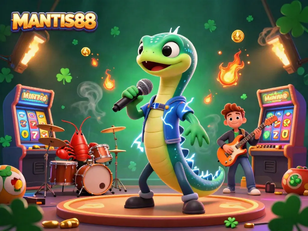 MANTIS88 brings electrifying fun to the underwater casino scene with a DJ electric eel, showcasing vibrant game elements.