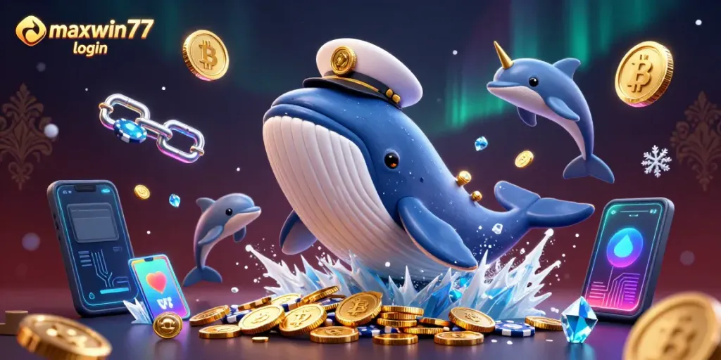 Engaging scene with maxwin77 login showcased as a whale and narwhal amid gold coins and crypto elements.