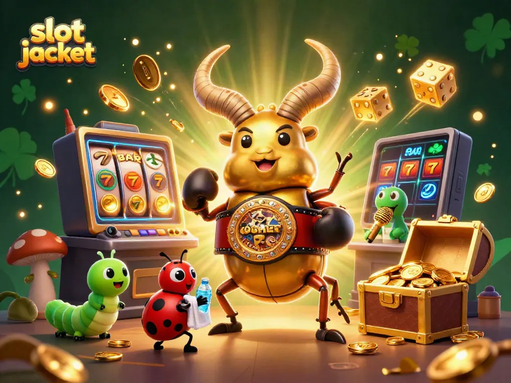 Engaging scene featuring the slot jackpot with a cartoon beetle boxer, ladybug, and caterpillar announcer amid a dynamic casino explosion.