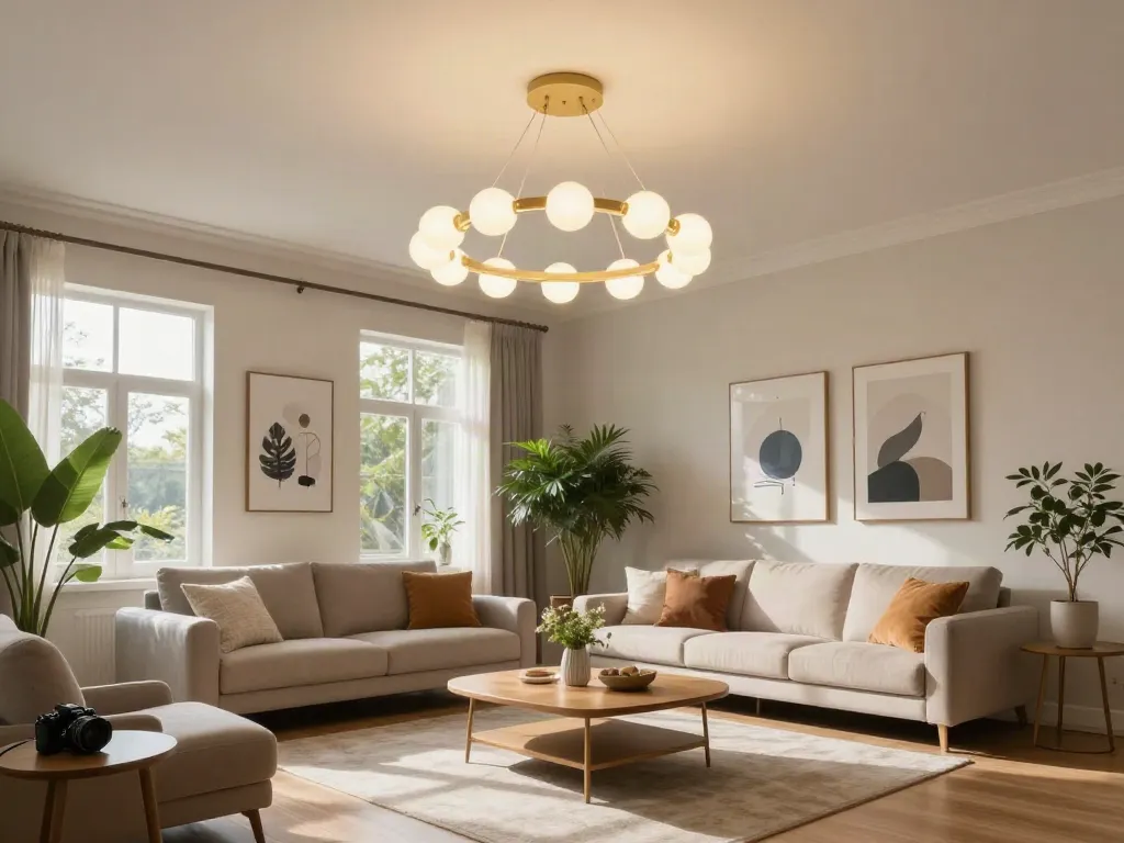 Lustră LED elegantă într-un living confortabil, iluminat cald de la un furnizor de încredere.