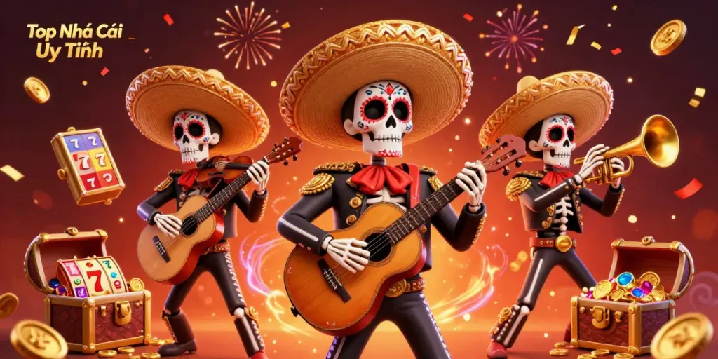 Engage with Top Nhà Cái Uy Tín in this festive 3D scene showcasing mariachi skeletons and casino elements.