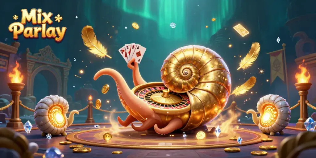 Experience the dynamic thrill of Mix Parlay betting with a vivid 3D illustration featuring a giant nautilus and glowing ammonites.