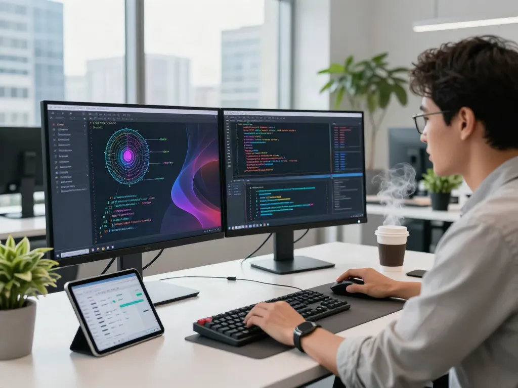 Engineer working on AI infrastructure in a modern workspace with dual monitors and city view.