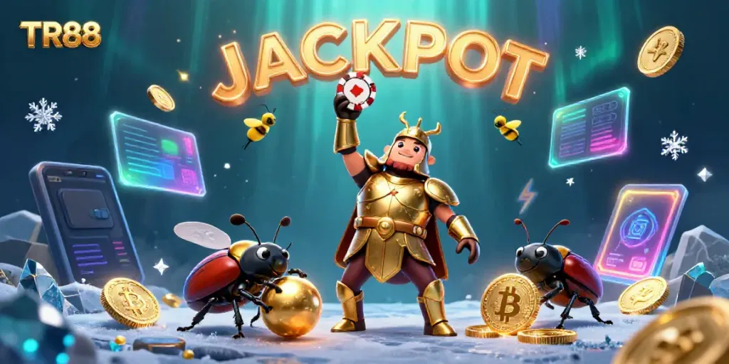 Win big with TR88 in a vibrant 3D casino scene featuring a cartoon beetle hero.
