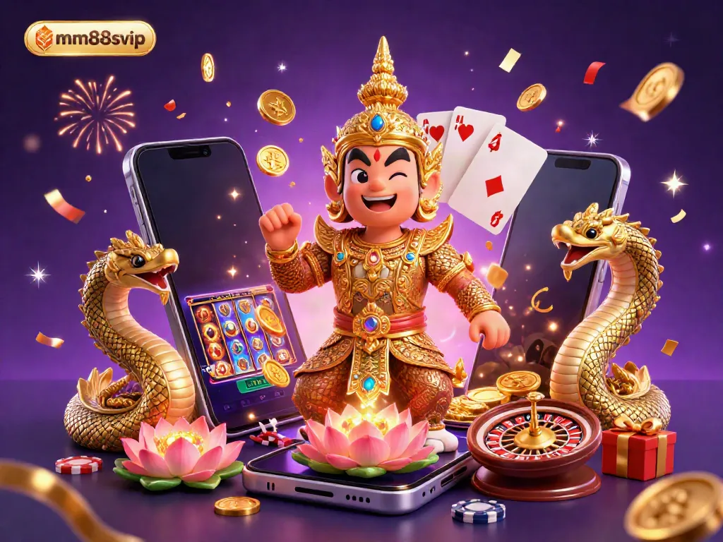 Play exciting casino games with mm88svip in a vibrant, celebratory atmosphere featuring a guardian and slot games.