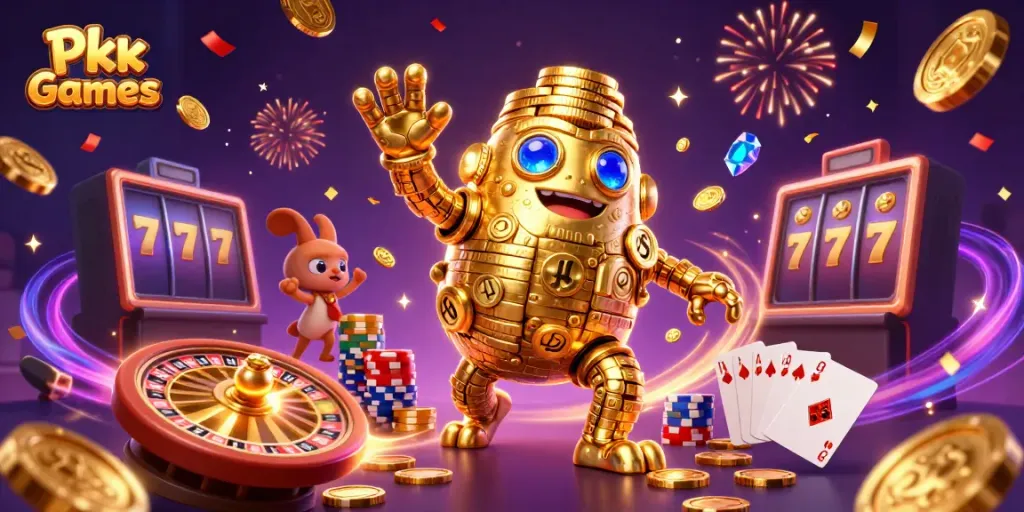 Experience the thrill of Pkv Games with stunning golden golem and casino elements.