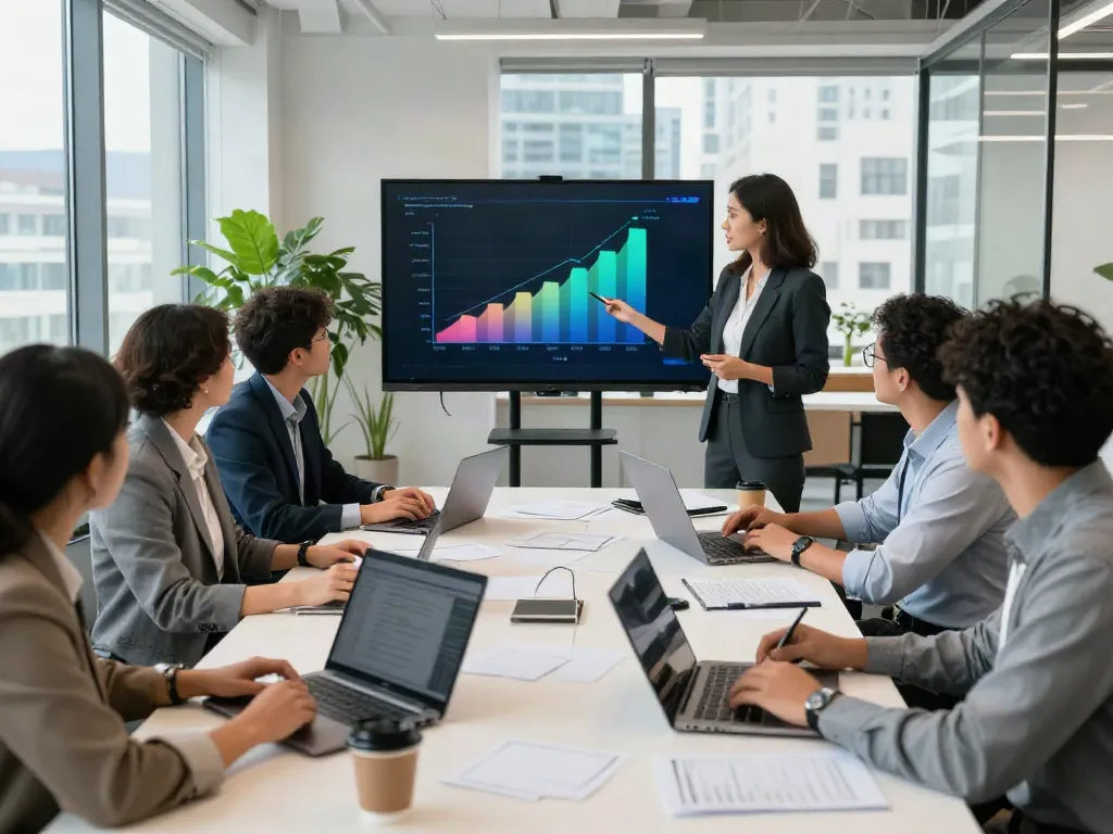 Team collaboration in a modern office discussing strategies; view it now for effective business insights.