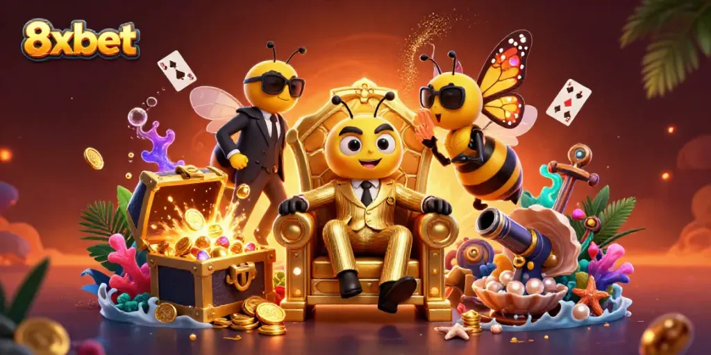 Experience vibrant gaming action with 8xbet, featuring cartoon characters and treasure elements in a dynamic casino scene.
