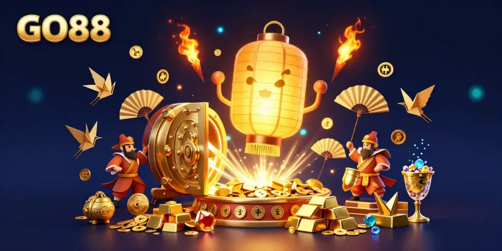 Experience the vibrant world of GO88 casino with a golden lantern spirit amidst a treasure-filled setting.