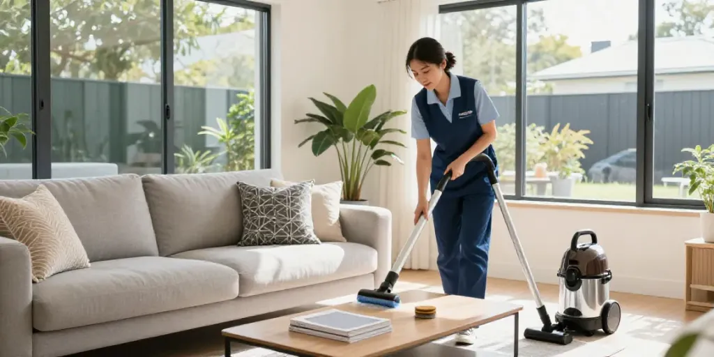 Domestic cleaning Melbourne: professional cleaner tidying a modern living room with sunlight streaming in.