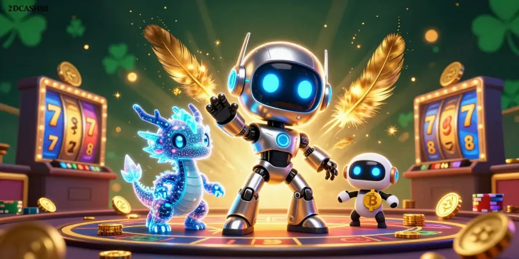 Join the vibrant casino experience with IDCASH88 featured by a dynamic robotic mascot and winning symbols.