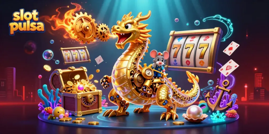Gambarkan slot pulsa dengan karakter naga dan unsur slot modern yang menakjubkan.
