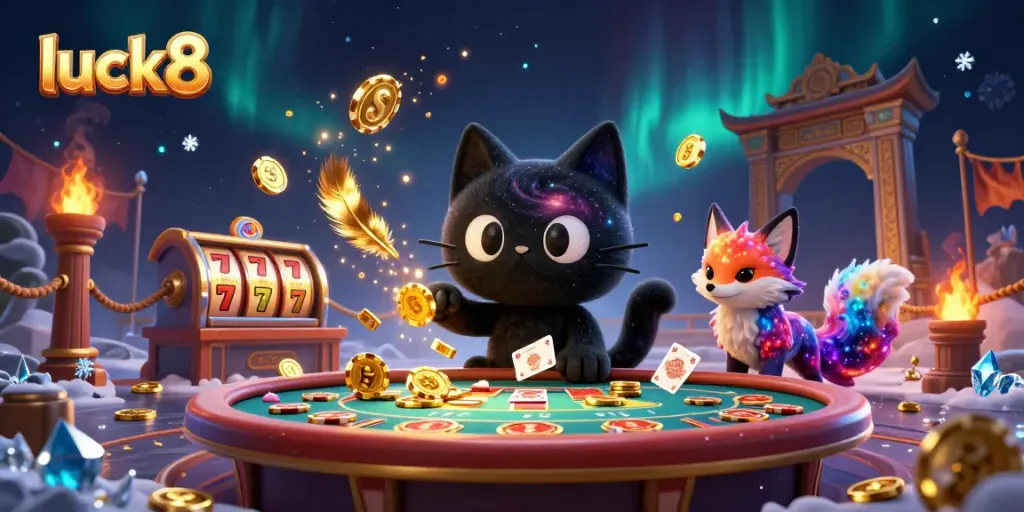 Experience exciting games at Luck8, featuring a cosmic casino scene with vivid characters and vibrant elements.
