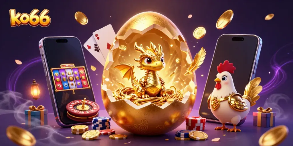 Engage with ko66 gaming as a golden dragon emerges from a poker chip nest, surrounded by vibrant casino elements.