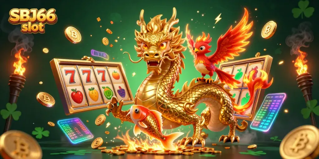Experience the thrill of SBJ66 slot with a vibrant 3D illustration showcasing mythical creatures and exciting game elements.