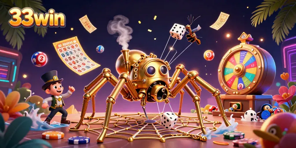 Watch the golden 33win spider catching dice in its casino-themed web of luck.