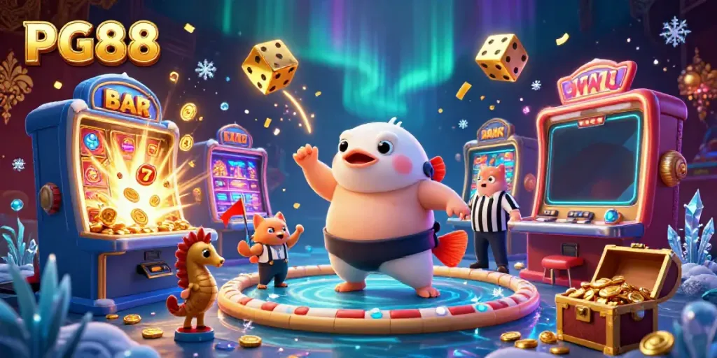 Engage in thrilling moments with PG88's underwater casino featuring a fugu, catfish referee, and slot machine jackpot.