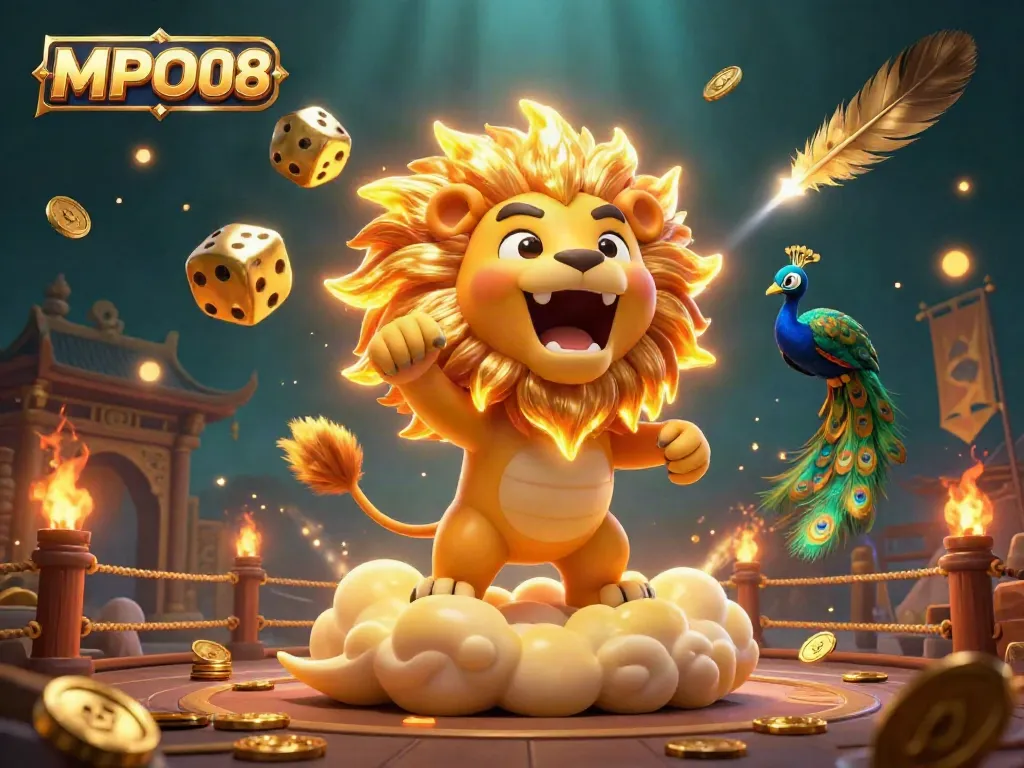 MPO08 showcases a vibrant 3D scene with gambling elements featuring a roaring lion and golden dice.