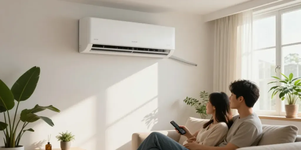 Cozy living room with a mini split of air conditioner mounted on the wall, showcasing modern home comfort.