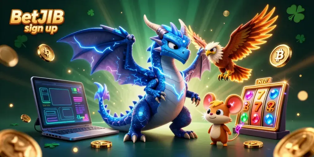 Join the adventure in the BetJDB sign up illustration featuring a thunder dragon, hawk, and mouse amid vibrant casino elements.