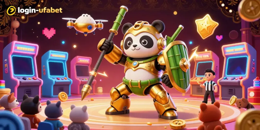Experience login-ufabet's dynamic gaming scene featuring a mech-suit panda in a vibrant arena.
