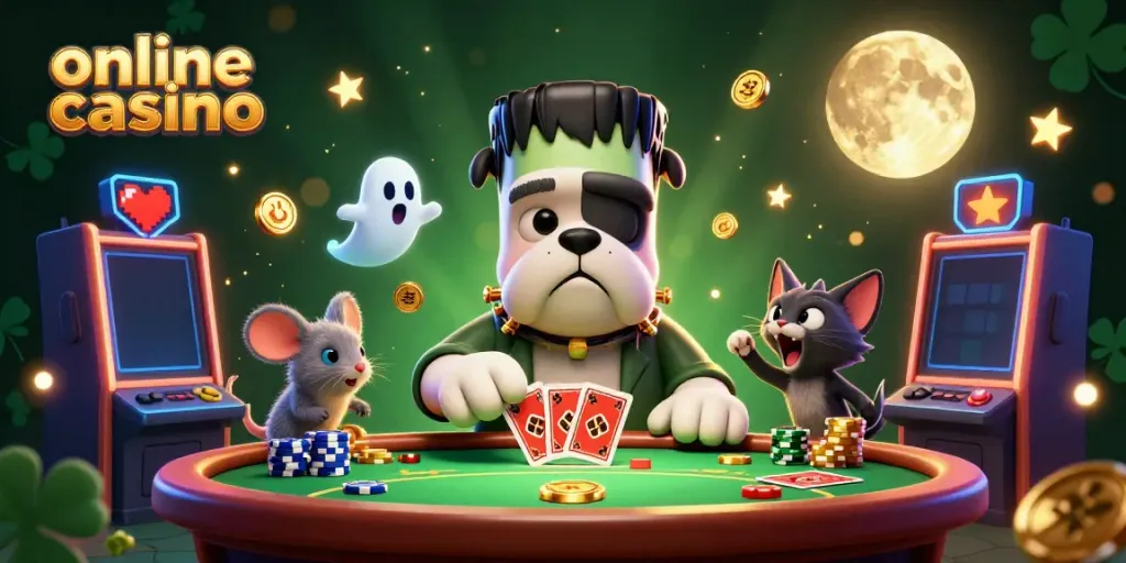 Engaging scene of an online casino with a Frankenstein bulldog, ghost mouse, and werewolf kitten playing cards and surrounded by arcade machines.
