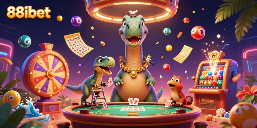 Experience the vibrant gameplay at 88ibet with a whimsical casino scene featuring a tall brontosaurus.