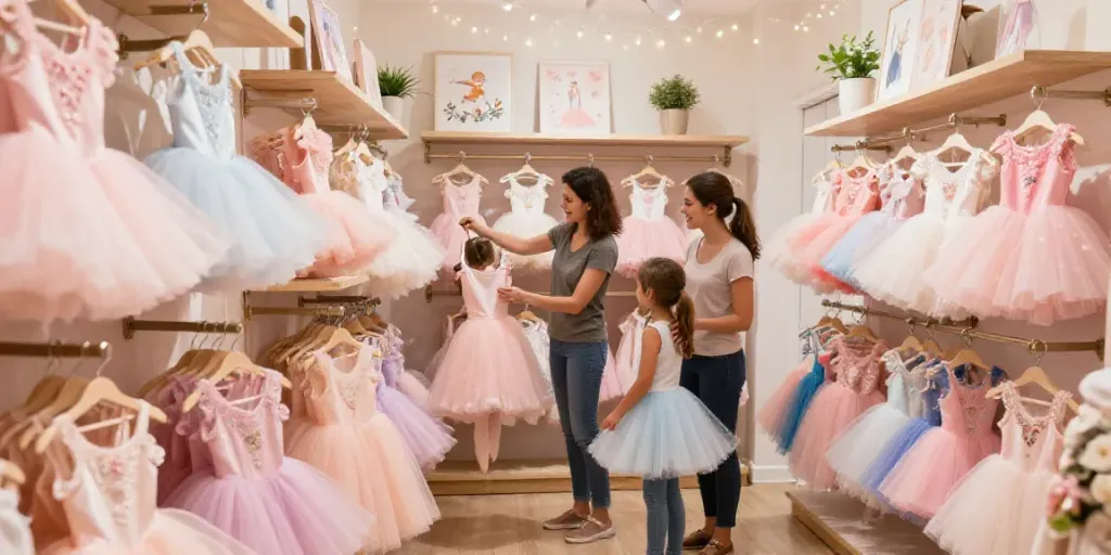 Family exploring tutus at a charming tutu store, showcasing vibrant designs and warm atmosphere.