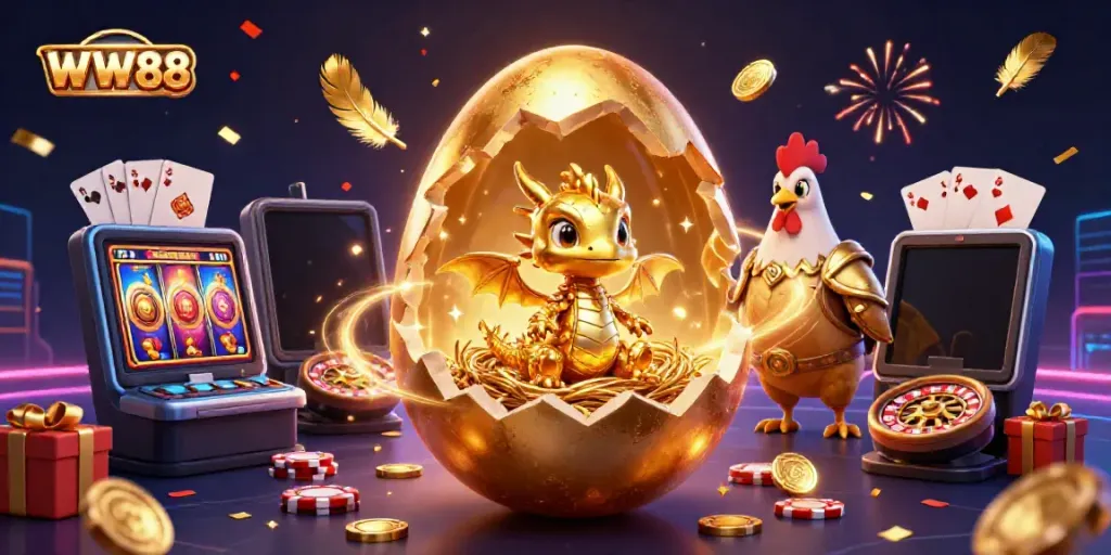 A golden dragon from a giant egg and poker chips symbolize WW88's vibrant gaming experience.